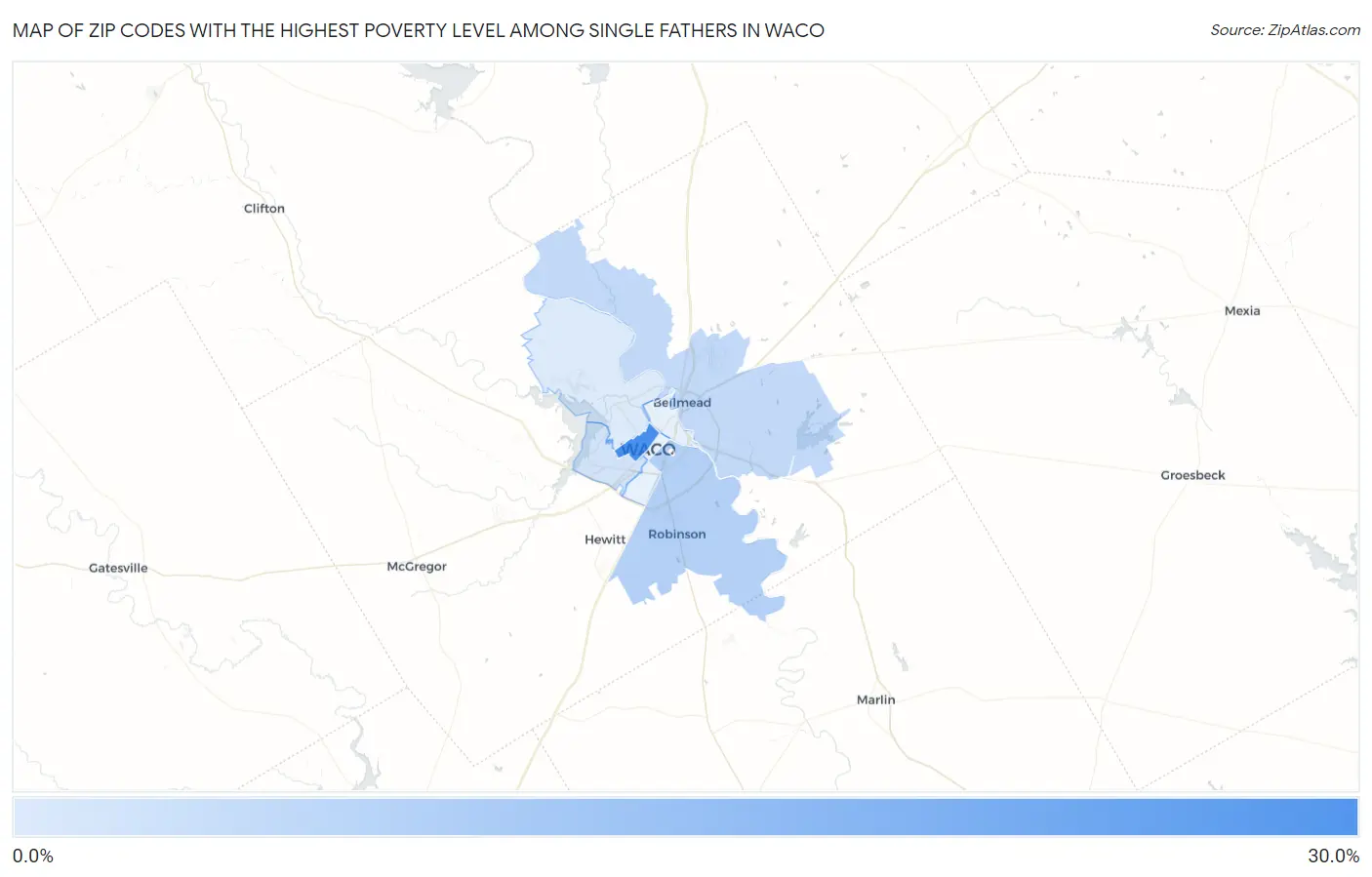 Zip Codes with the Highest Poverty Level Among Single Fathers in Waco Map