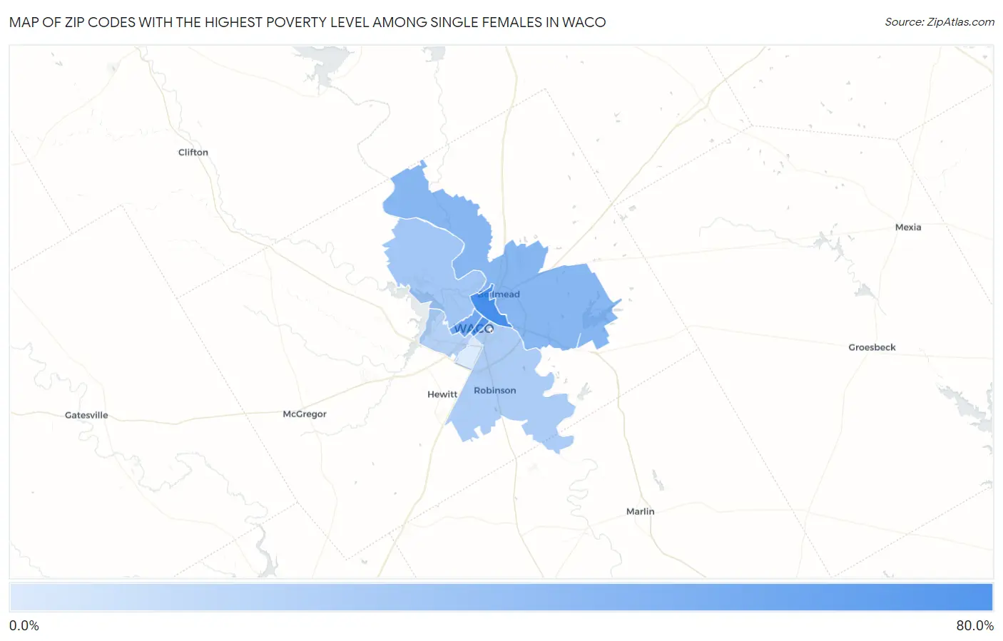 Zip Codes with the Highest Poverty Level Among Single Females in Waco Map