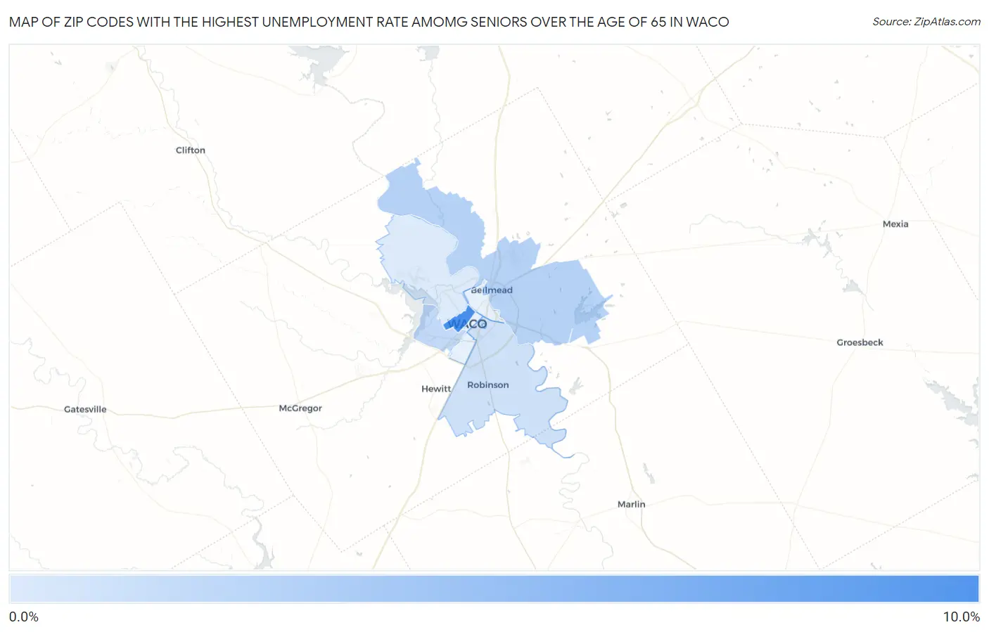 Zip Codes with the Highest Unemployment Rate Amomg Seniors Over the Age of 65 in Waco Map