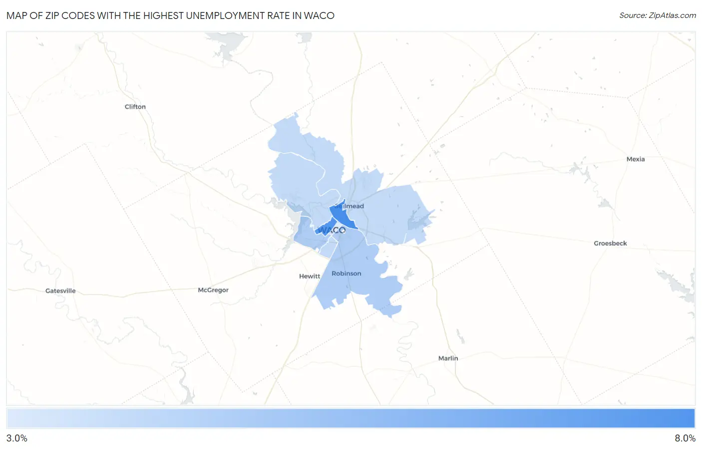 Zip Codes with the Highest Unemployment Rate in Waco Map