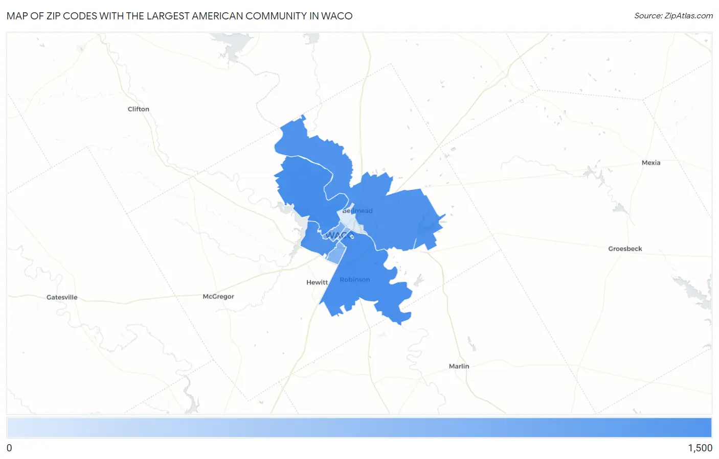 Zip Codes with the Largest American Community in Waco Map