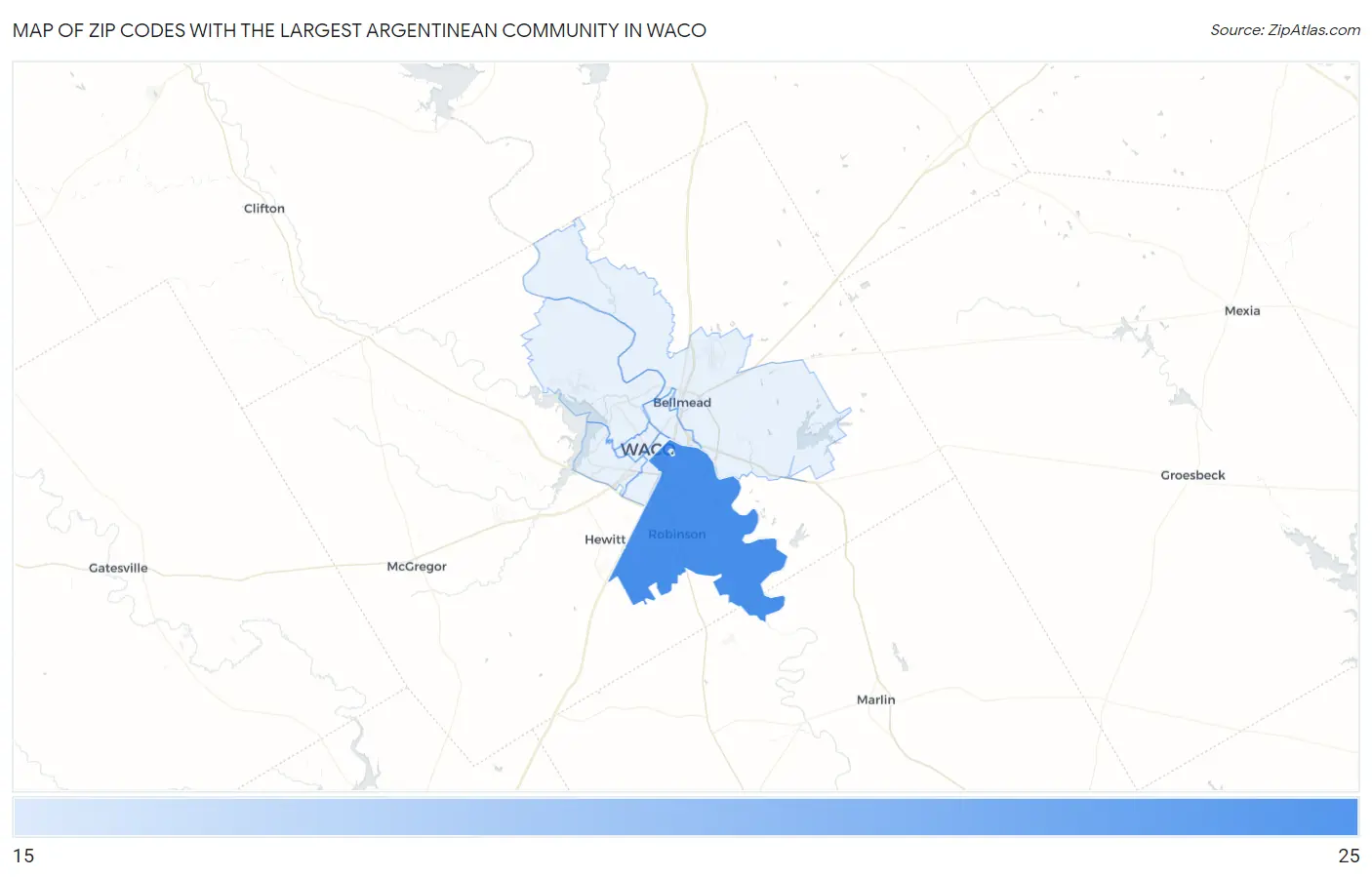 Zip Codes with the Largest Argentinean Community in Waco Map