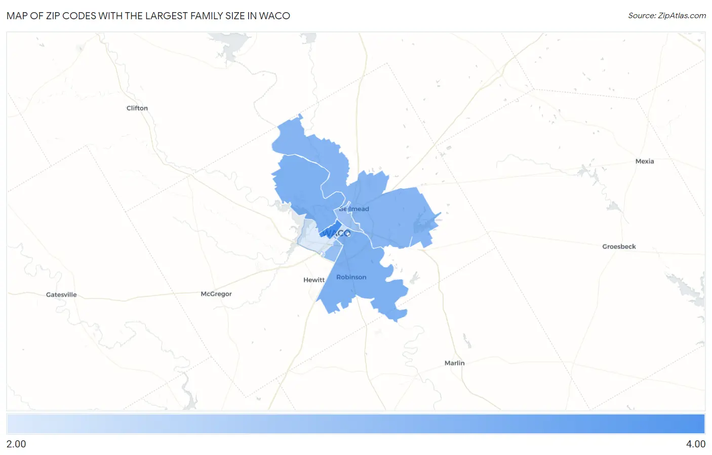 Zip Codes with the Largest Family Size in Waco Map