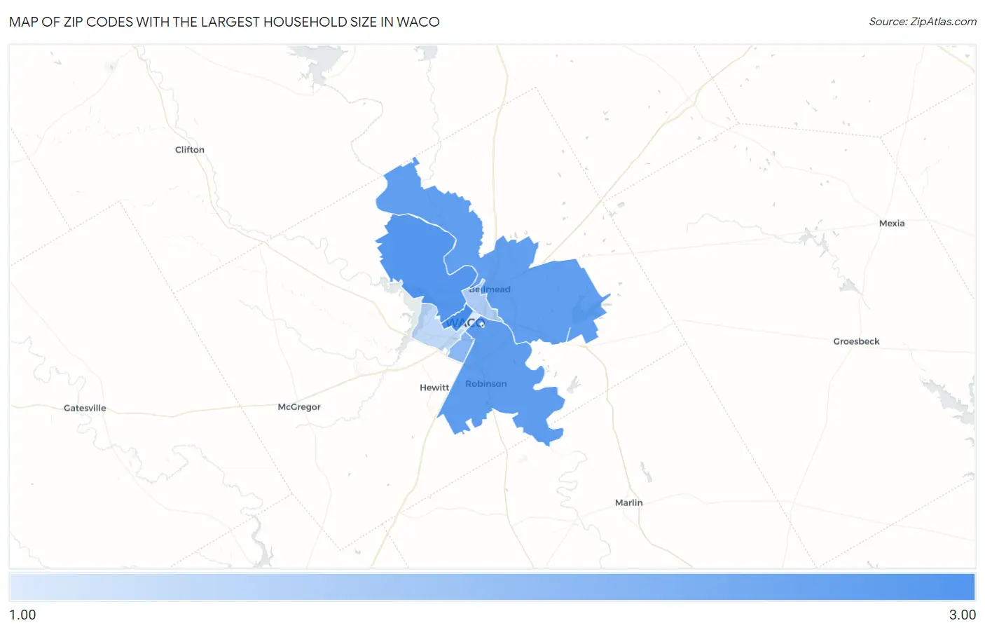 Zip Codes with the Largest Household Size in Waco Map