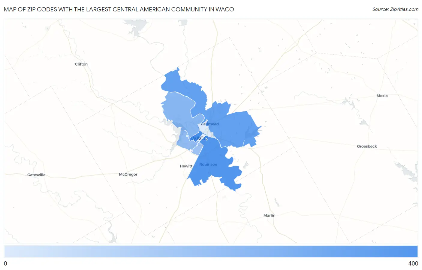 Zip Codes with the Largest Central American Community in Waco Map