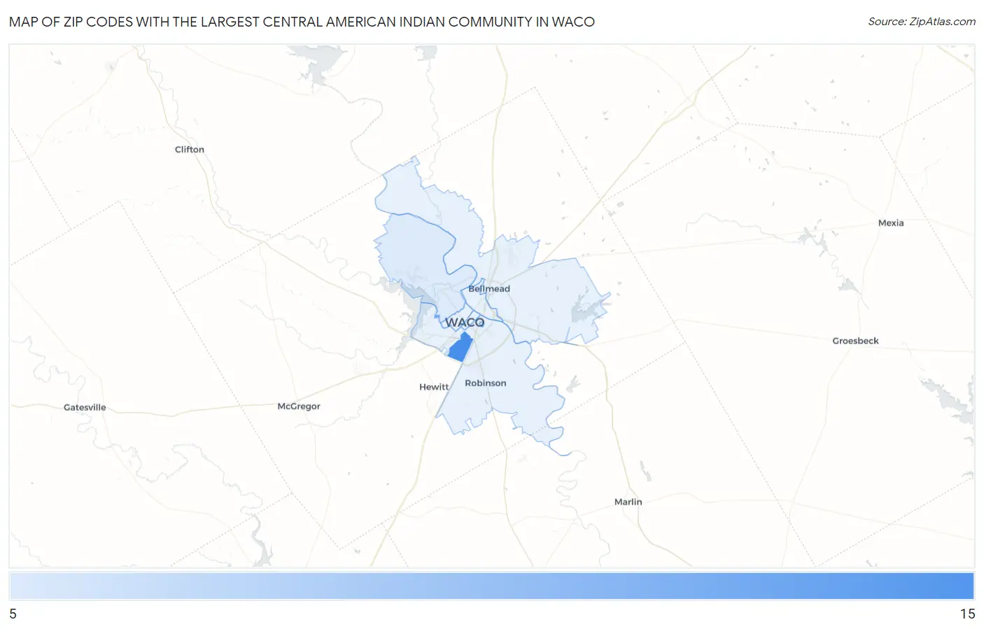 Zip Codes with the Largest Central American Indian Community in Waco Map