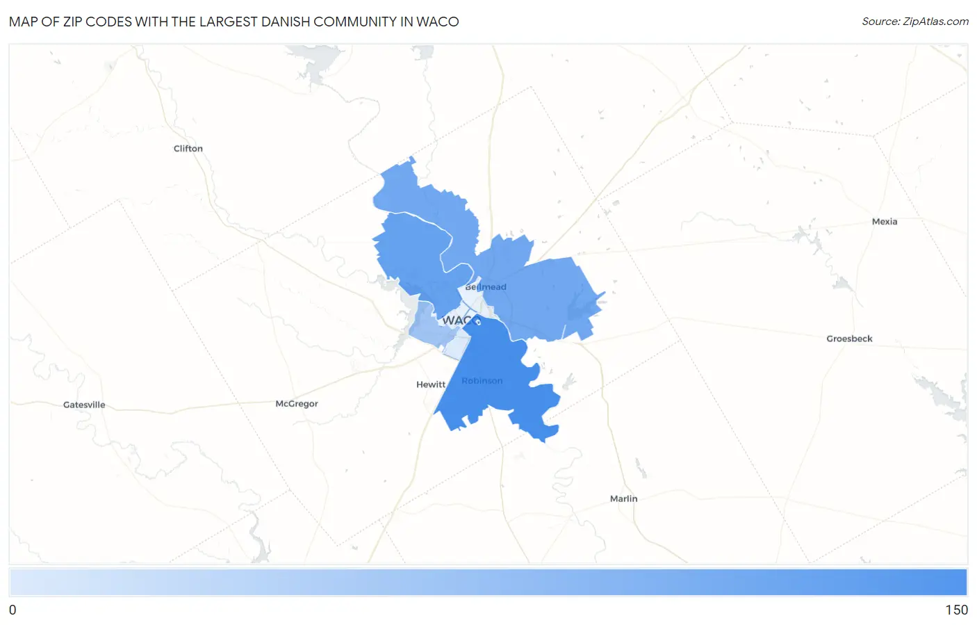 Zip Codes with the Largest Danish Community in Waco Map