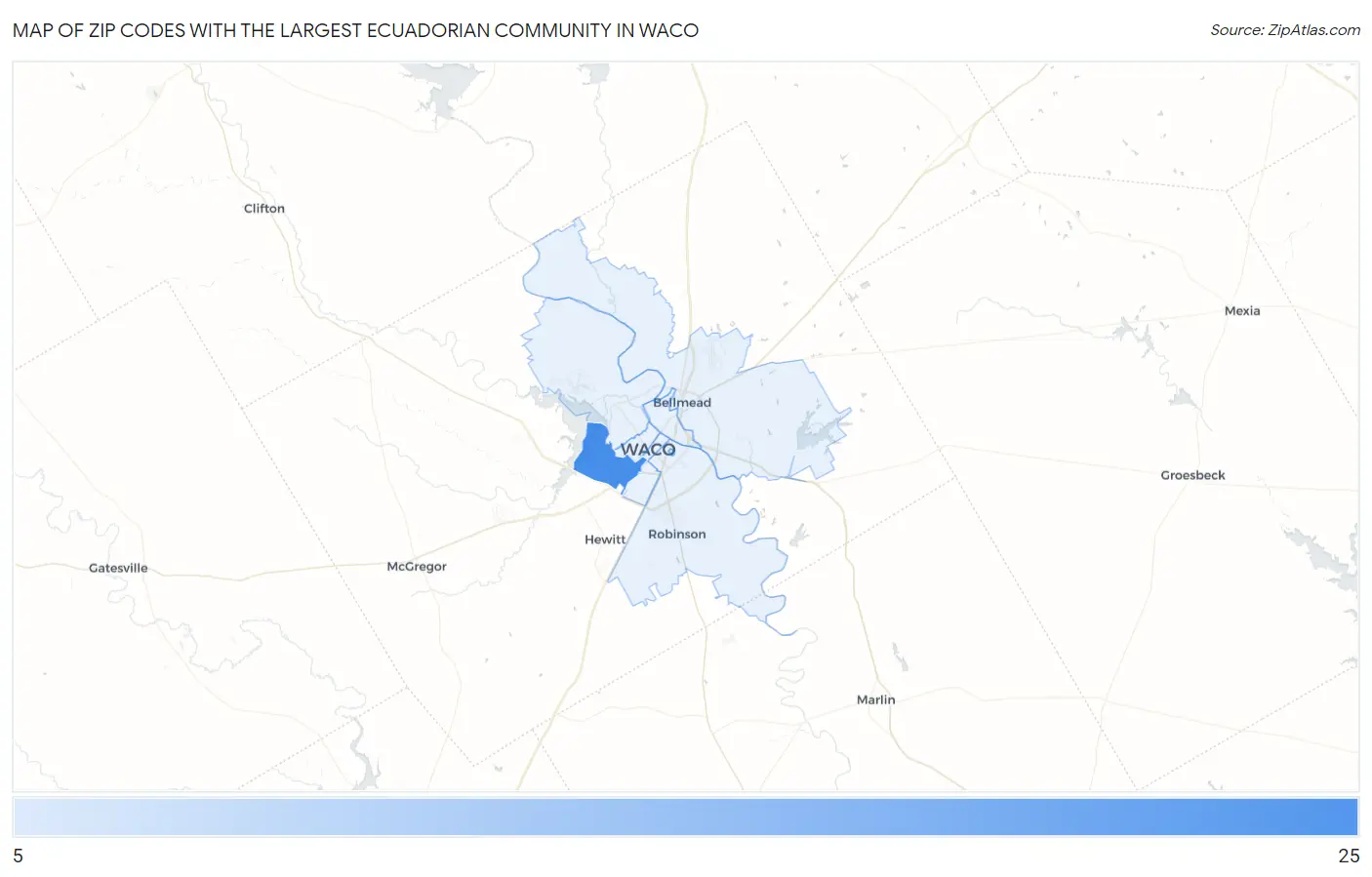 Zip Codes with the Largest Ecuadorian Community in Waco Map