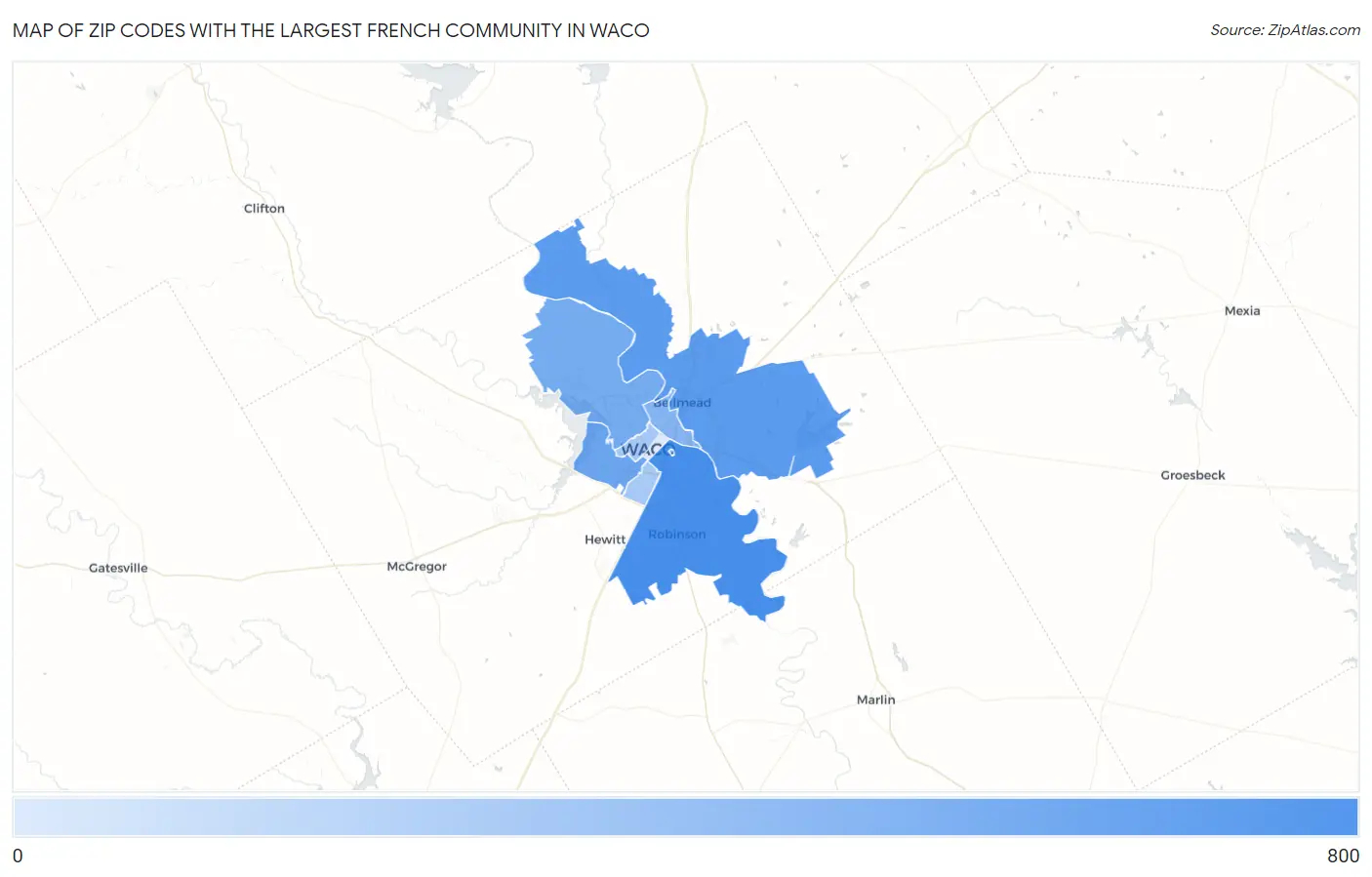 Zip Codes with the Largest French Community in Waco Map