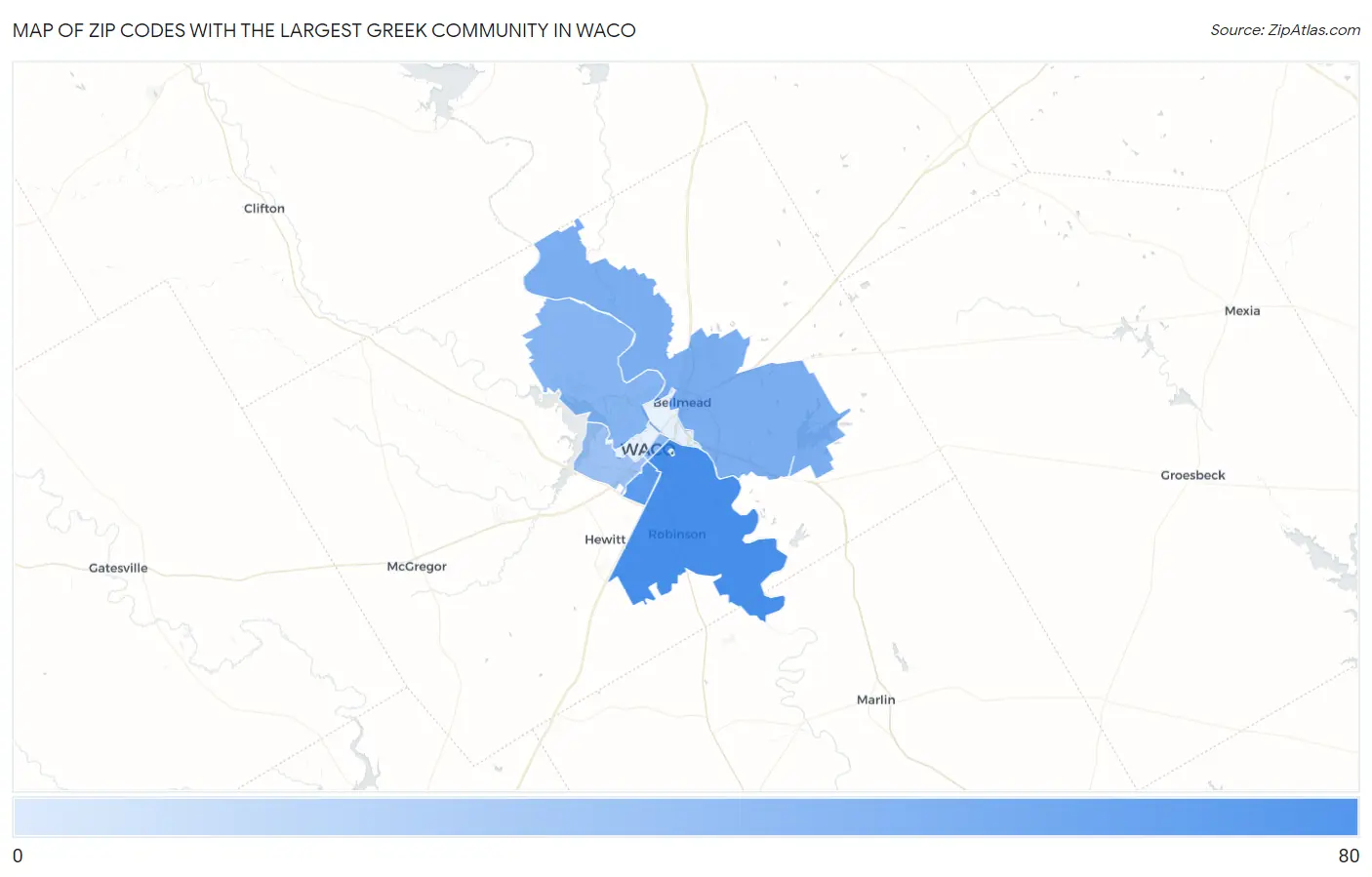 Zip Codes with the Largest Greek Community in Waco Map