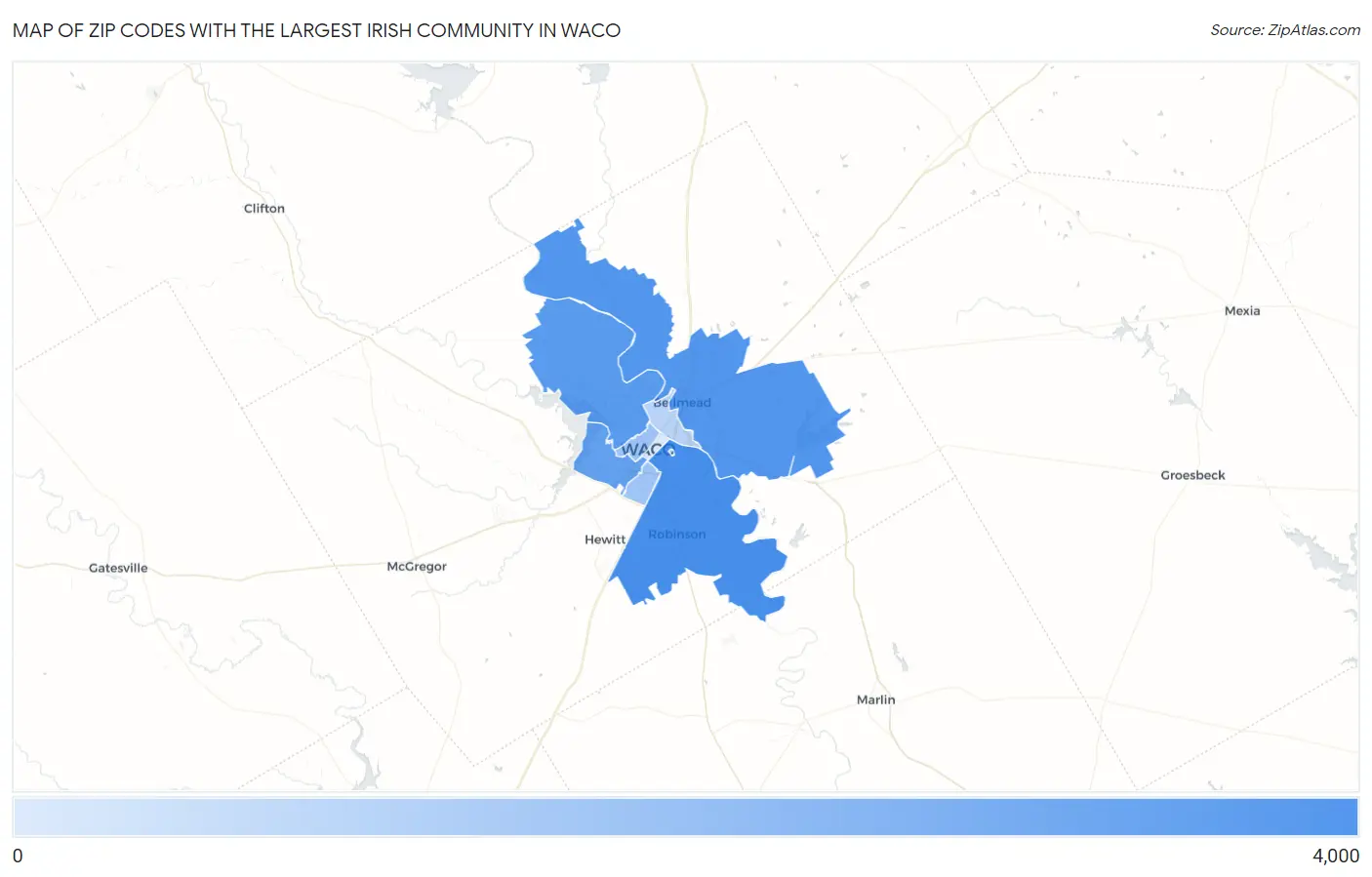 Zip Codes with the Largest Irish Community in Waco Map