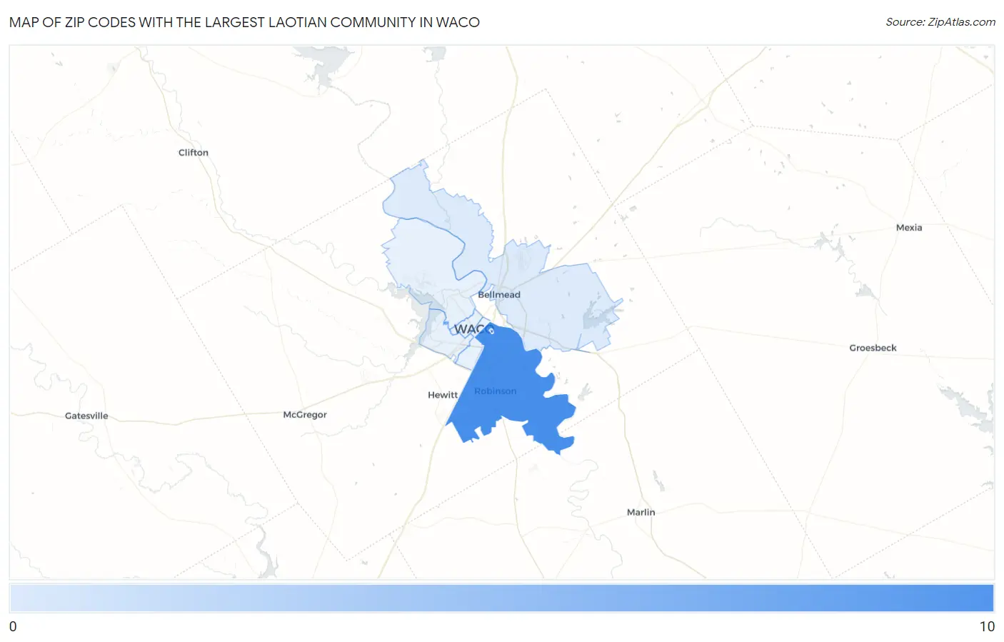 Zip Codes with the Largest Laotian Community in Waco Map