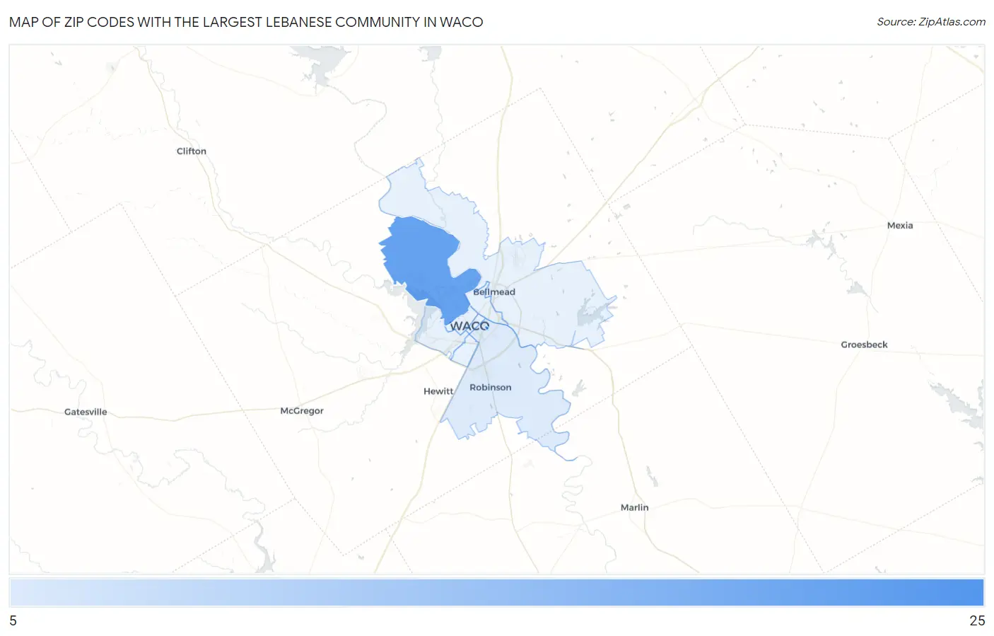 Zip Codes with the Largest Lebanese Community in Waco Map