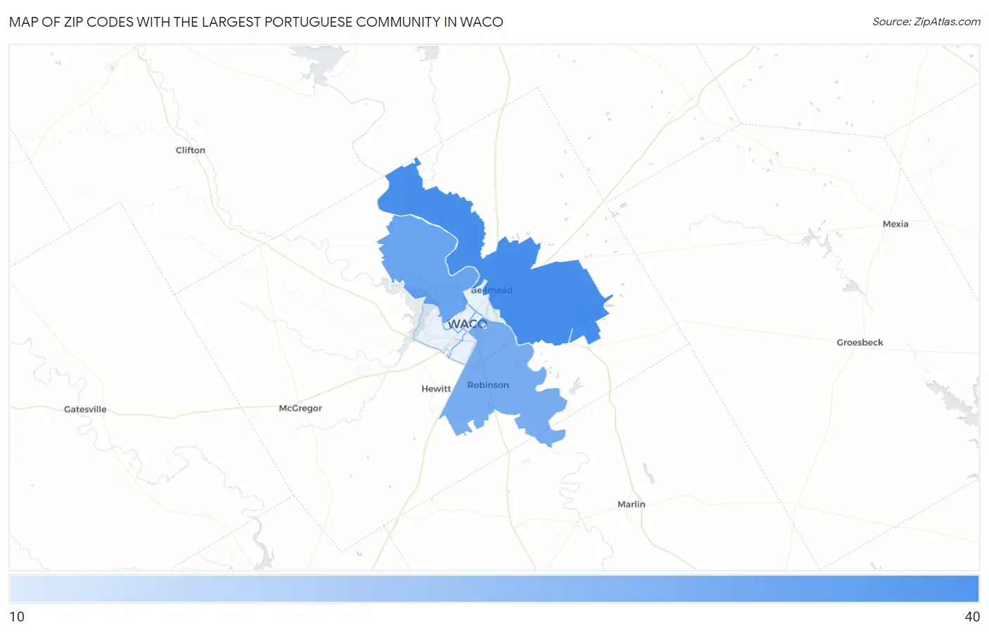 Zip Codes with the Largest Portuguese Community in Waco Map