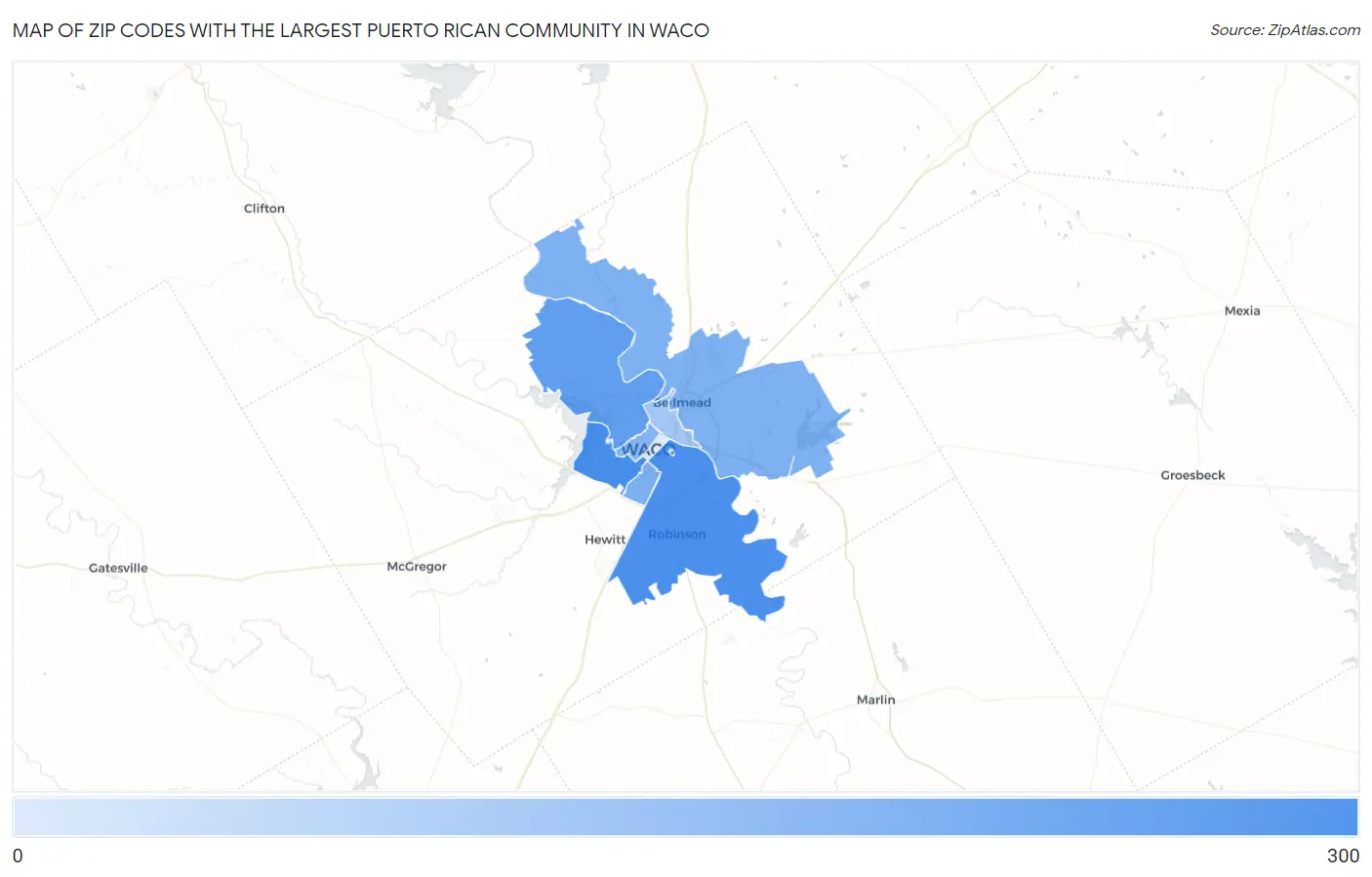 Zip Codes with the Largest Puerto Rican Community in Waco Map