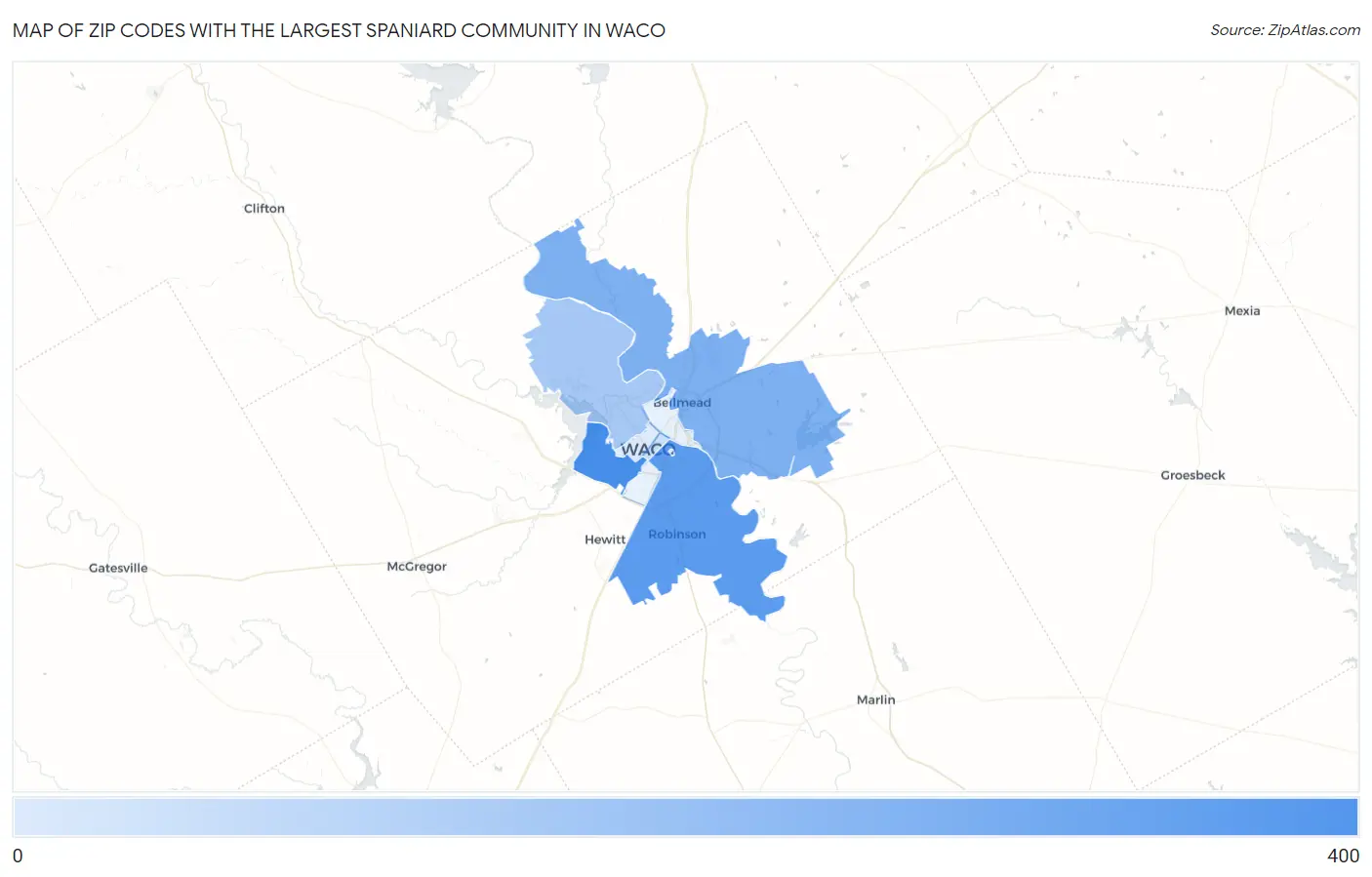 Zip Codes with the Largest Spaniard Community in Waco Map