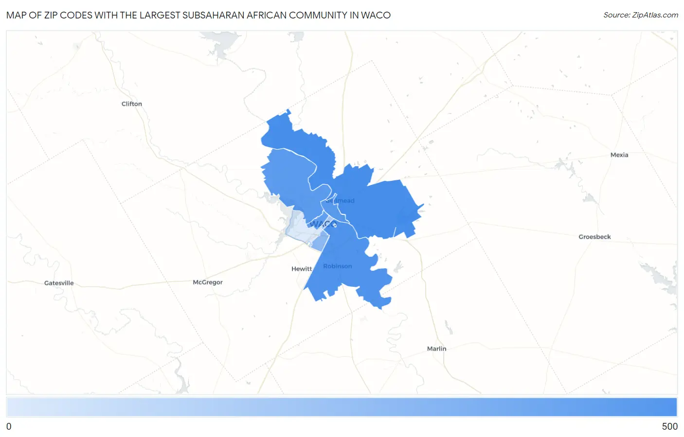 Zip Codes with the Largest Subsaharan African Community in Waco Map