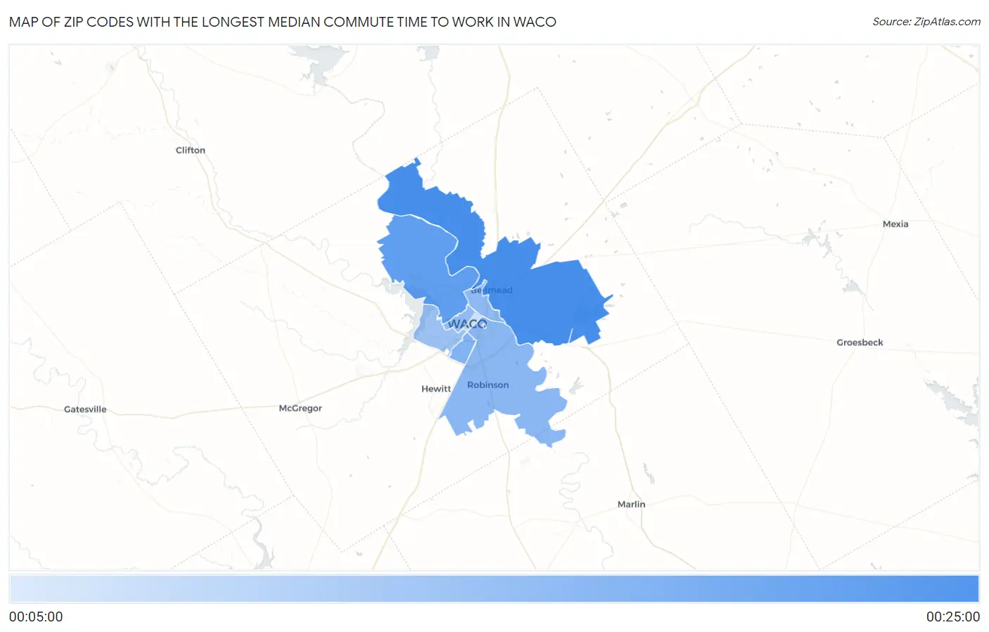 Zip Codes with the Longest Median Commute Time to Work in Waco Map