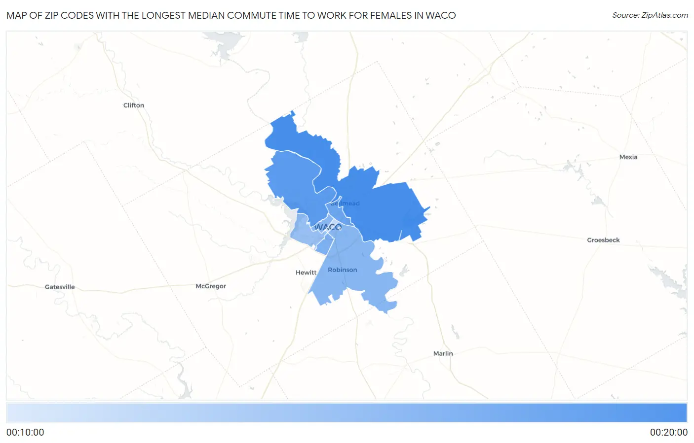 Zip Codes with the Longest Median Commute Time to Work for Females in Waco Map