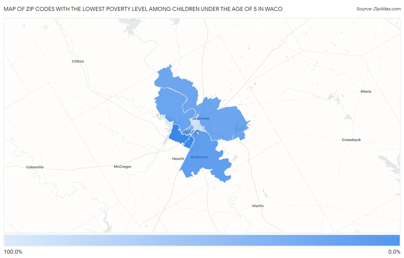 Zip Codes with the Lowest Poverty Level Among Children Under the Age of 5 in Waco Map