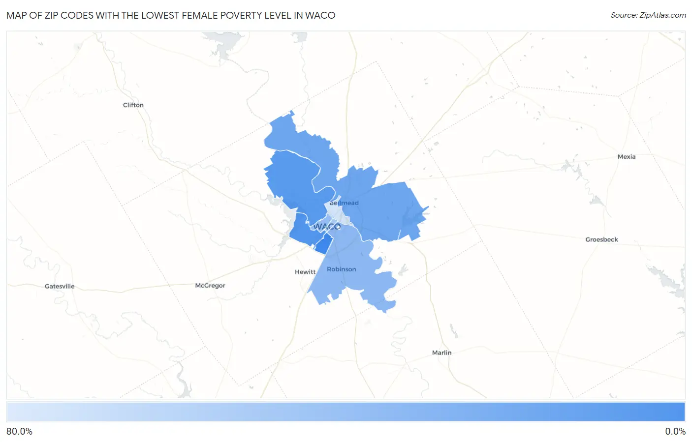 Zip Codes with the Lowest Female Poverty Level in Waco Map