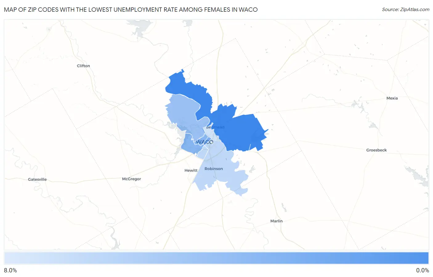 Zip Codes with the Lowest Unemployment Rate Among Females in Waco Map