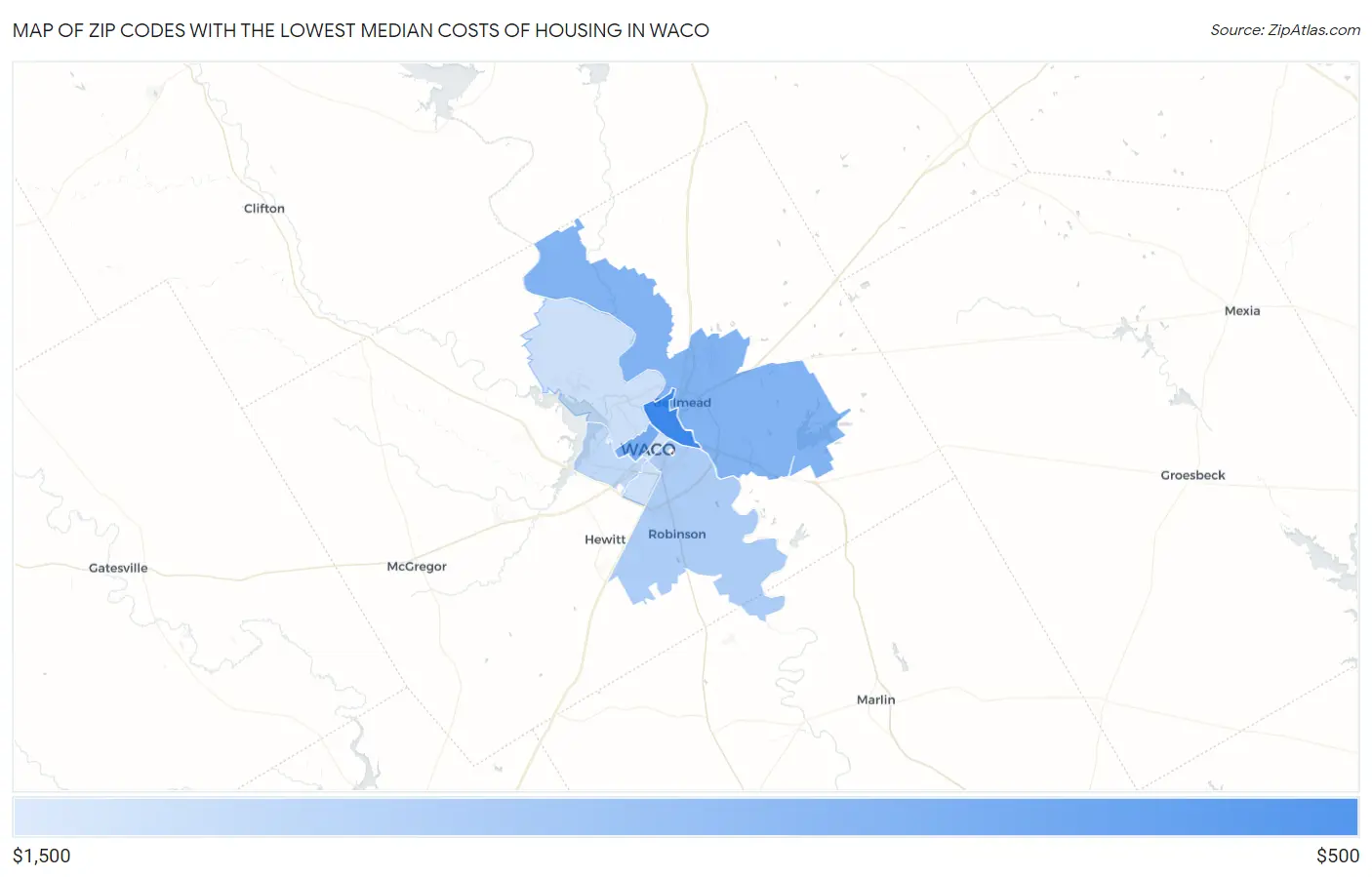 Zip Codes with the Lowest Median Costs of Housing in Waco Map