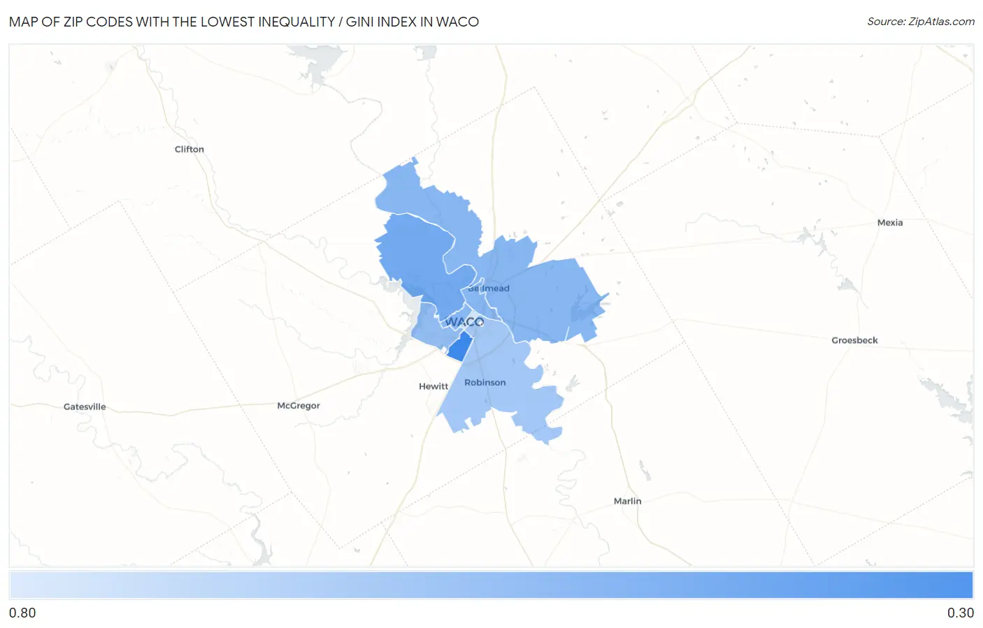 Zip Codes with the Lowest Inequality / Gini Index in Waco Map