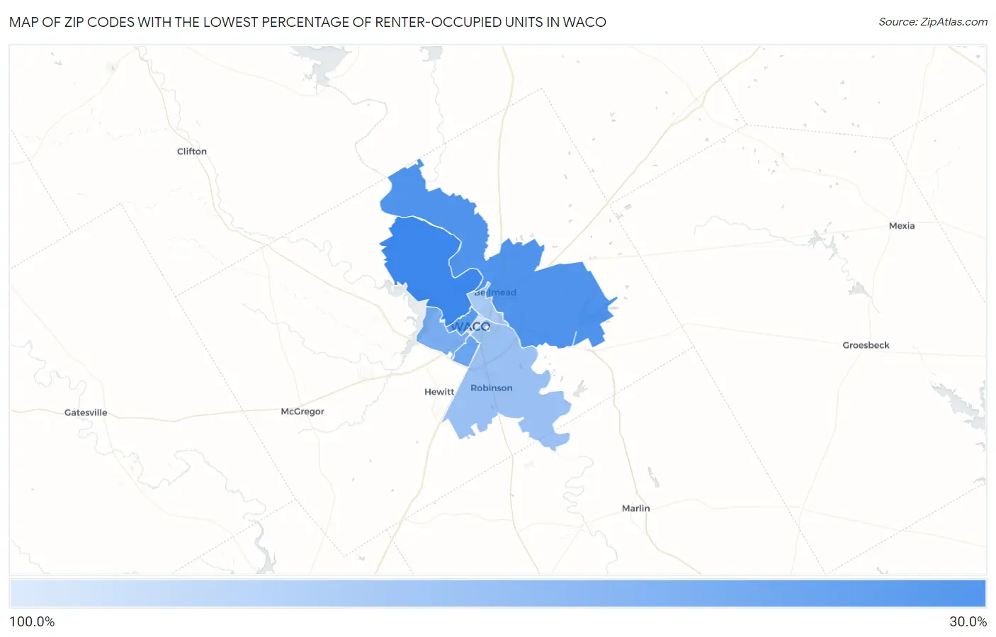 Zip Codes with the Lowest Percentage of Renter-Occupied Units in Waco Map