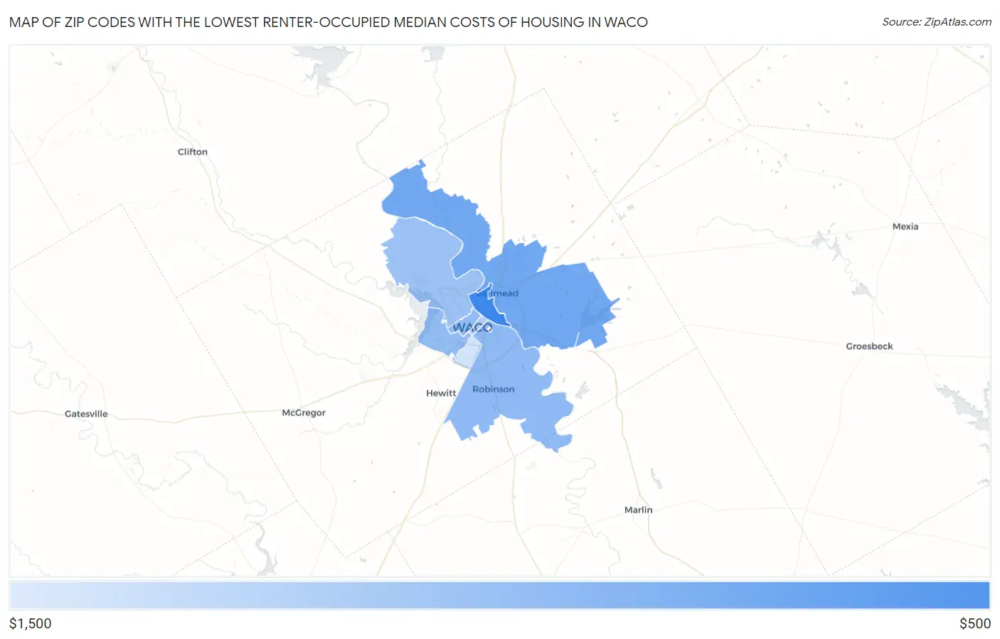 Zip Codes with the Lowest Renter-Occupied Median Costs of Housing in Waco Map