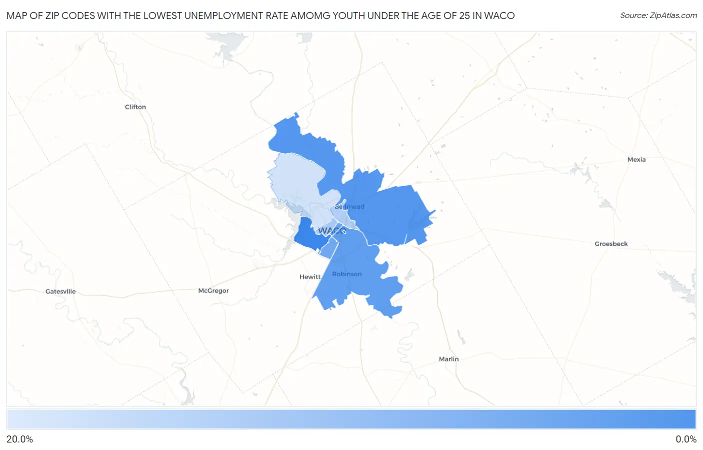 Zip Codes with the Lowest Unemployment Rate Amomg Youth Under the Age of 25 in Waco Map