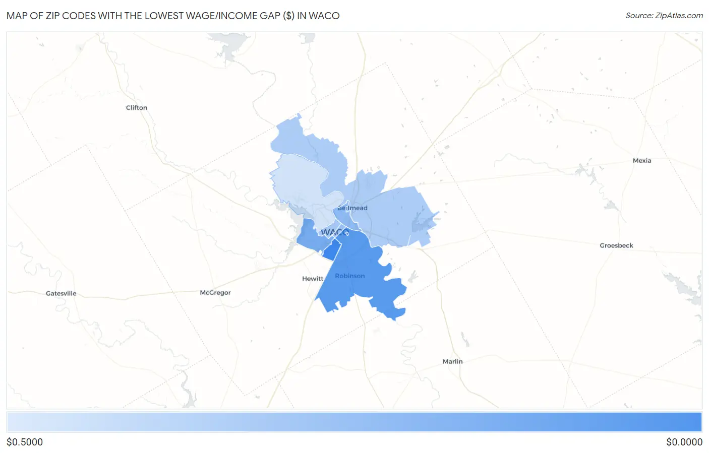 Zip Codes with the Lowest Wage/Income Gap ($) in Waco Map