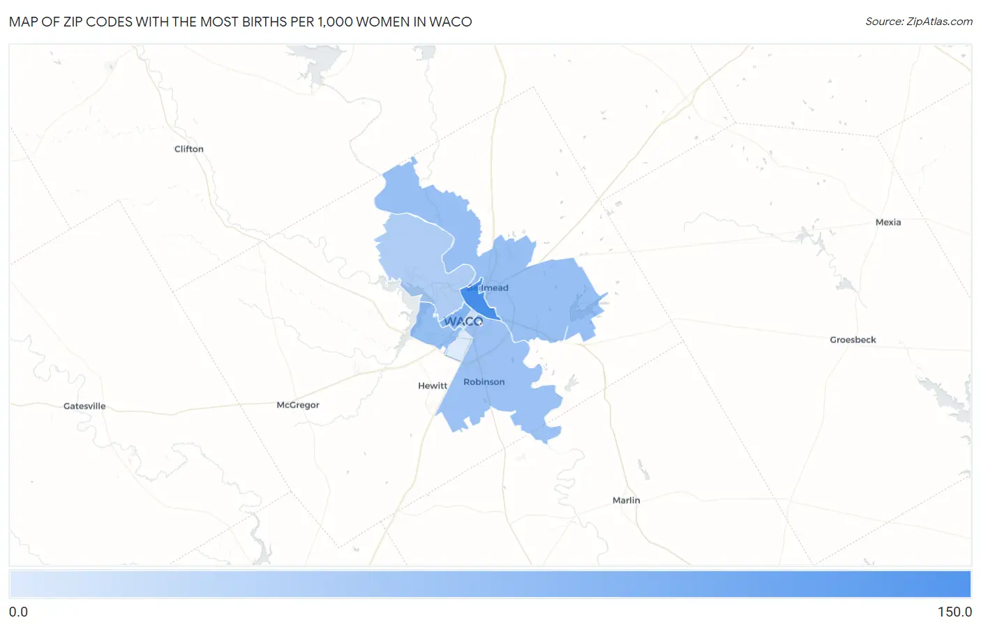 Zip Codes with the Most Births per 1,000 Women in Waco Map