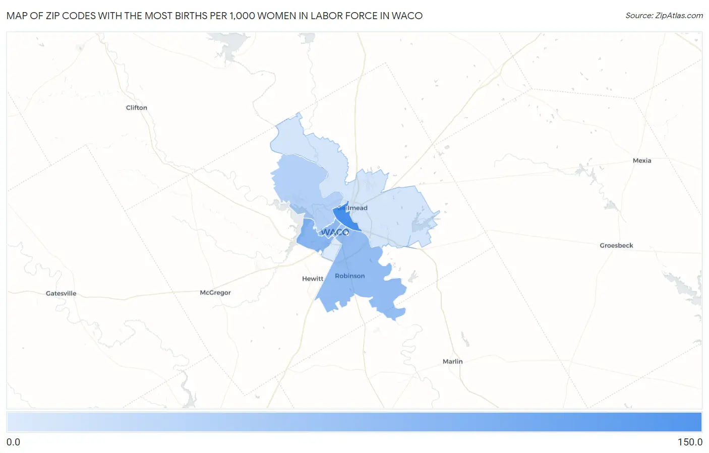 Zip Codes with the Most Births per 1,000 Women in Labor Force in Waco Map