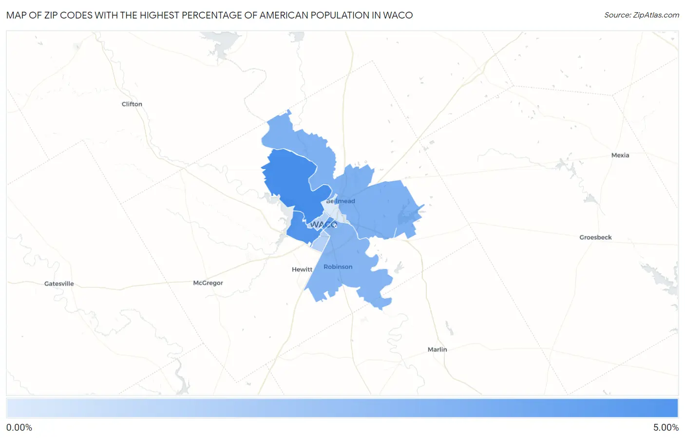 Zip Codes with the Highest Percentage of American Population in Waco Map