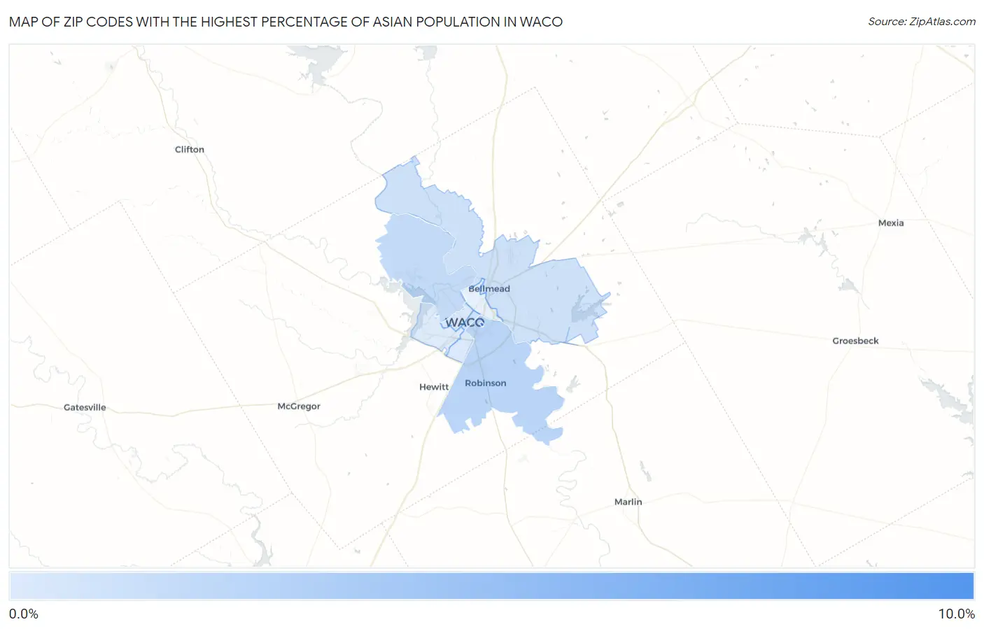Zip Codes with the Highest Percentage of Asian Population in Waco Map