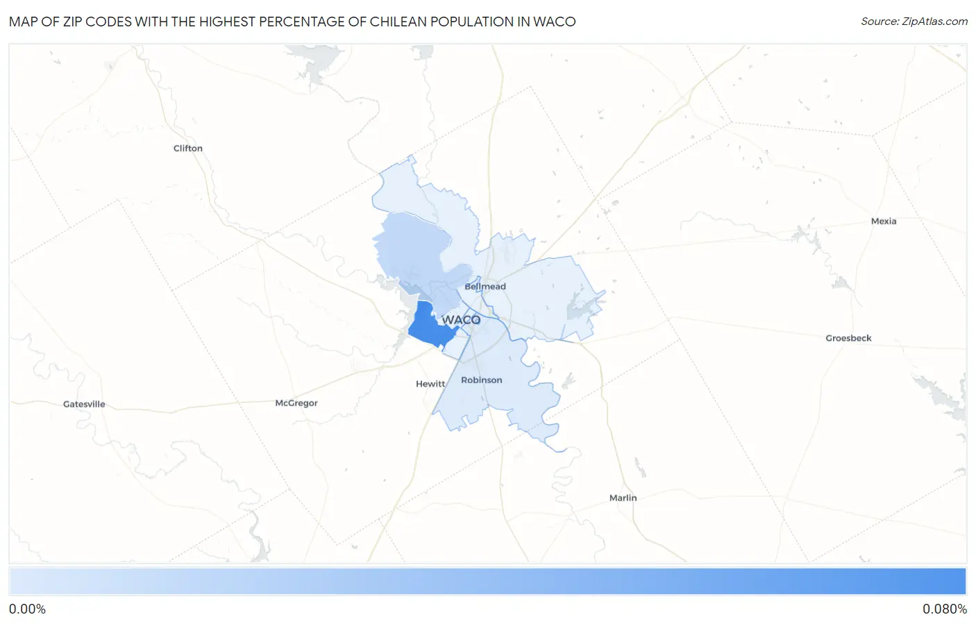 Zip Codes with the Highest Percentage of Chilean Population in Waco Map