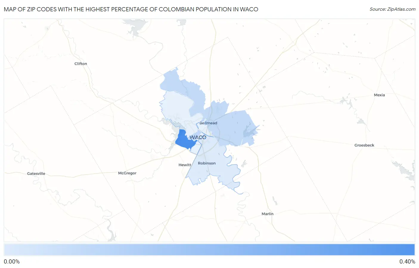 Zip Codes with the Highest Percentage of Colombian Population in Waco Map
