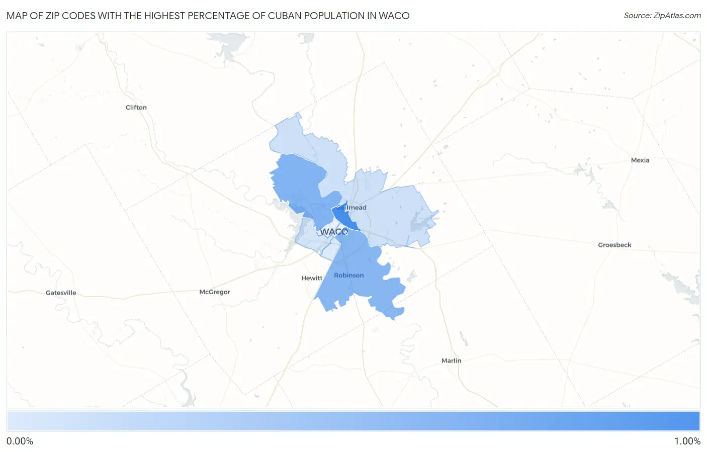 Zip Codes with the Highest Percentage of Cuban Population in Waco Map