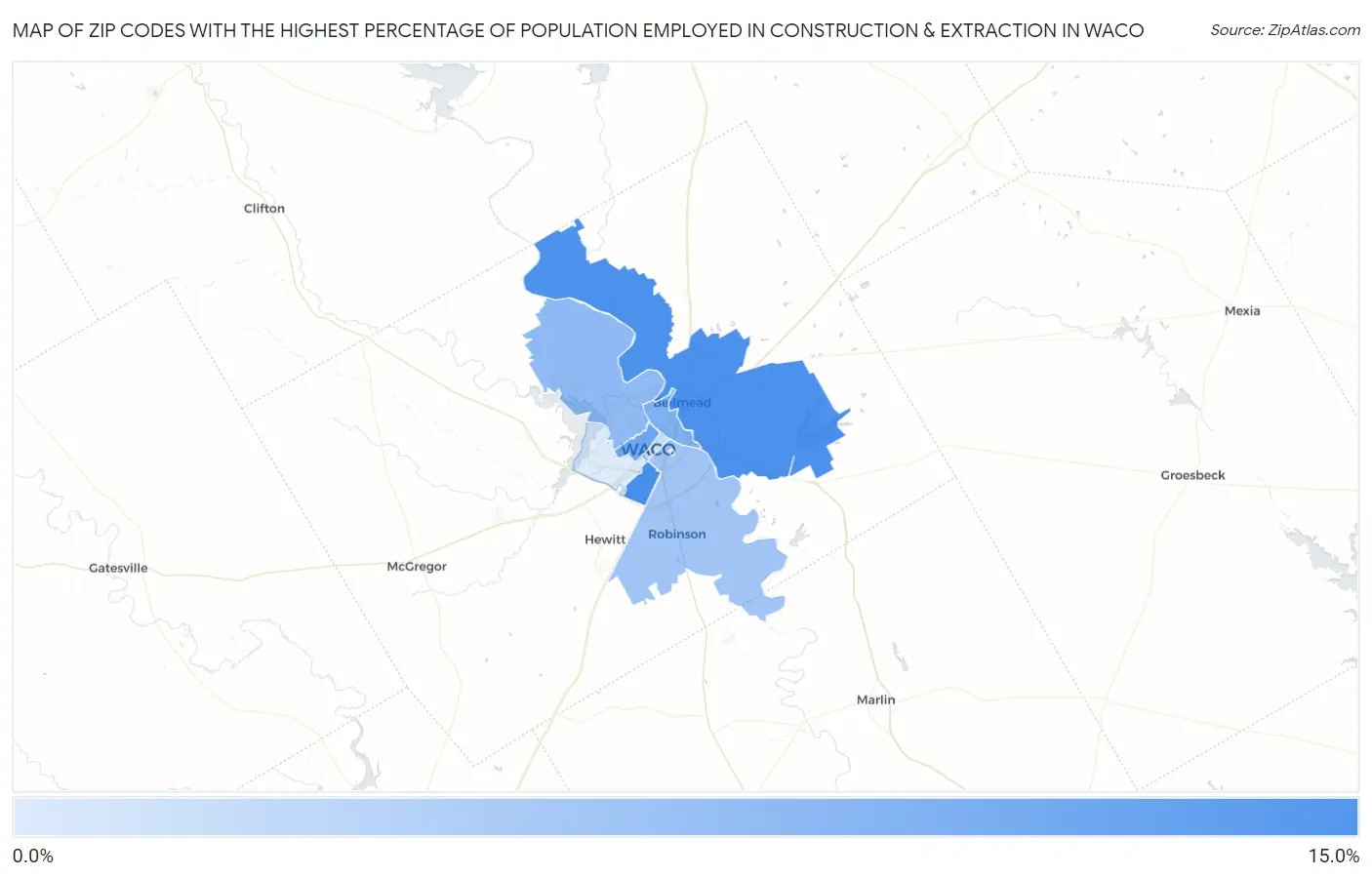 Zip Codes with the Highest Percentage of Population Employed in Construction & Extraction in Waco Map