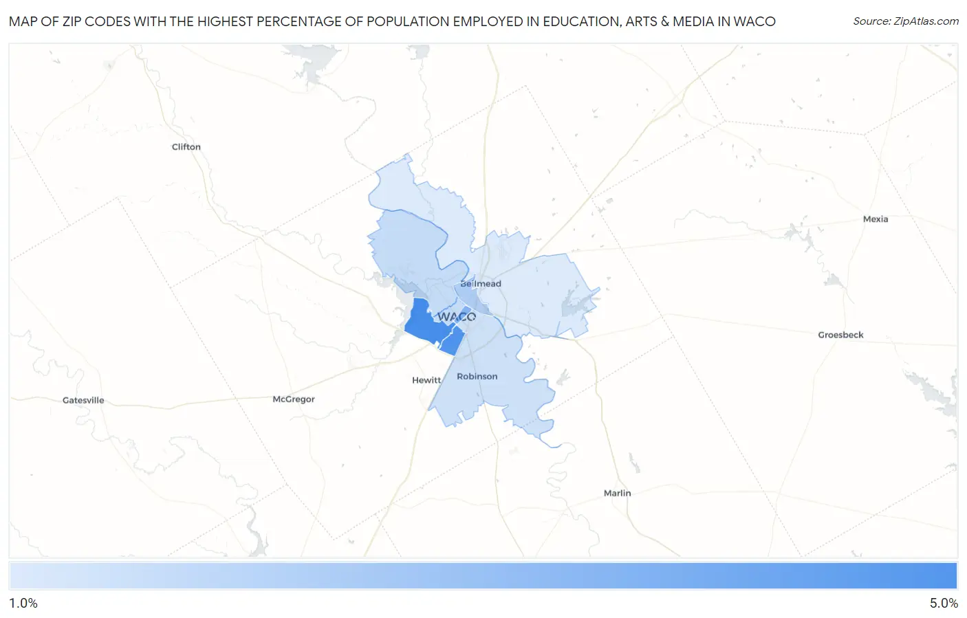 Zip Codes with the Highest Percentage of Population Employed in Education, Arts & Media in Waco Map