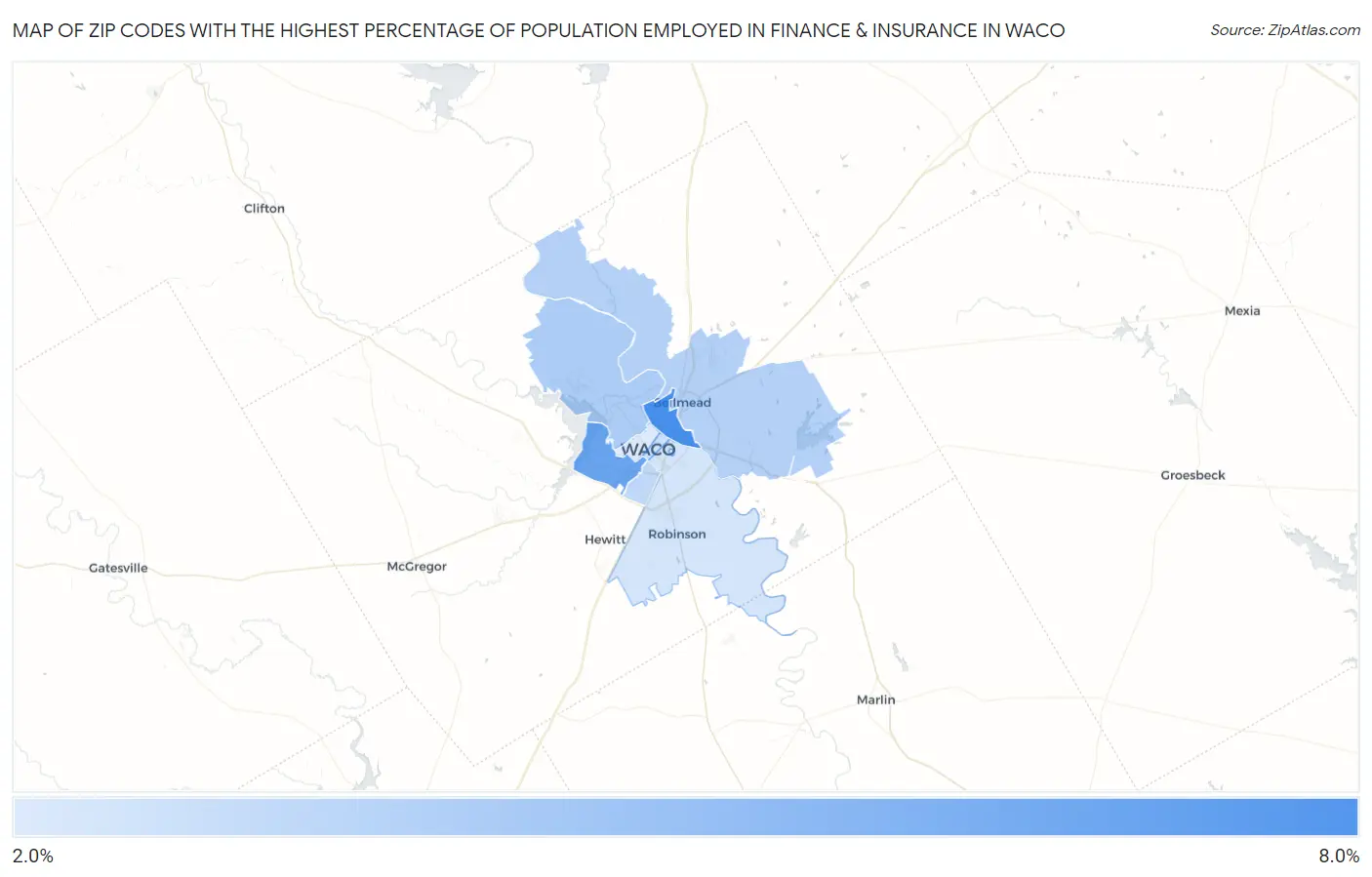 Zip Codes with the Highest Percentage of Population Employed in Finance & Insurance in Waco Map