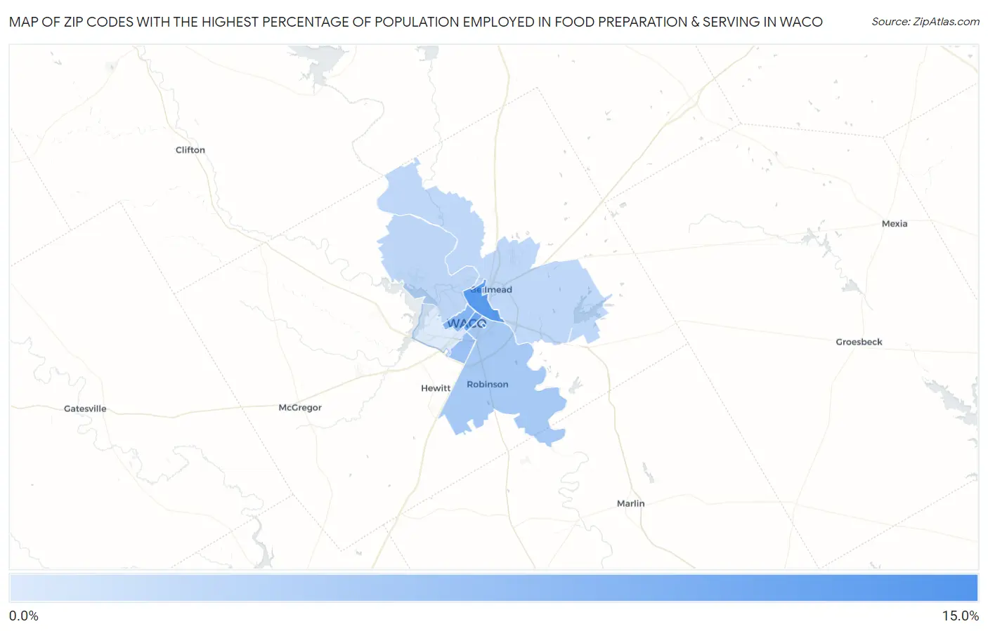 Zip Codes with the Highest Percentage of Population Employed in Food Preparation & Serving in Waco Map