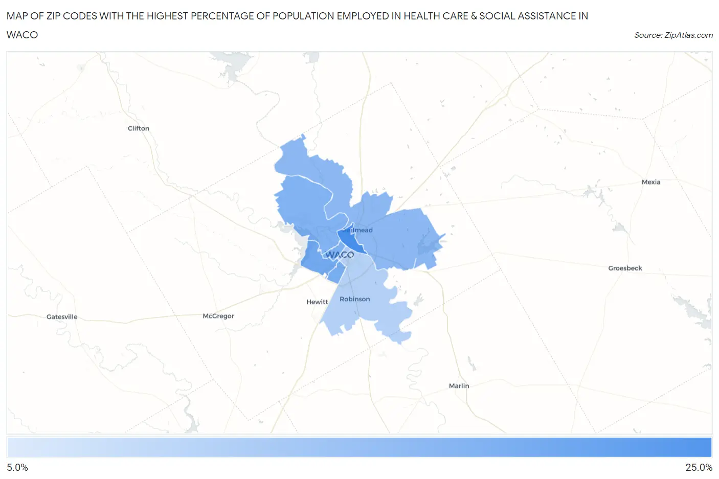 Zip Codes with the Highest Percentage of Population Employed in Health Care & Social Assistance in Waco Map