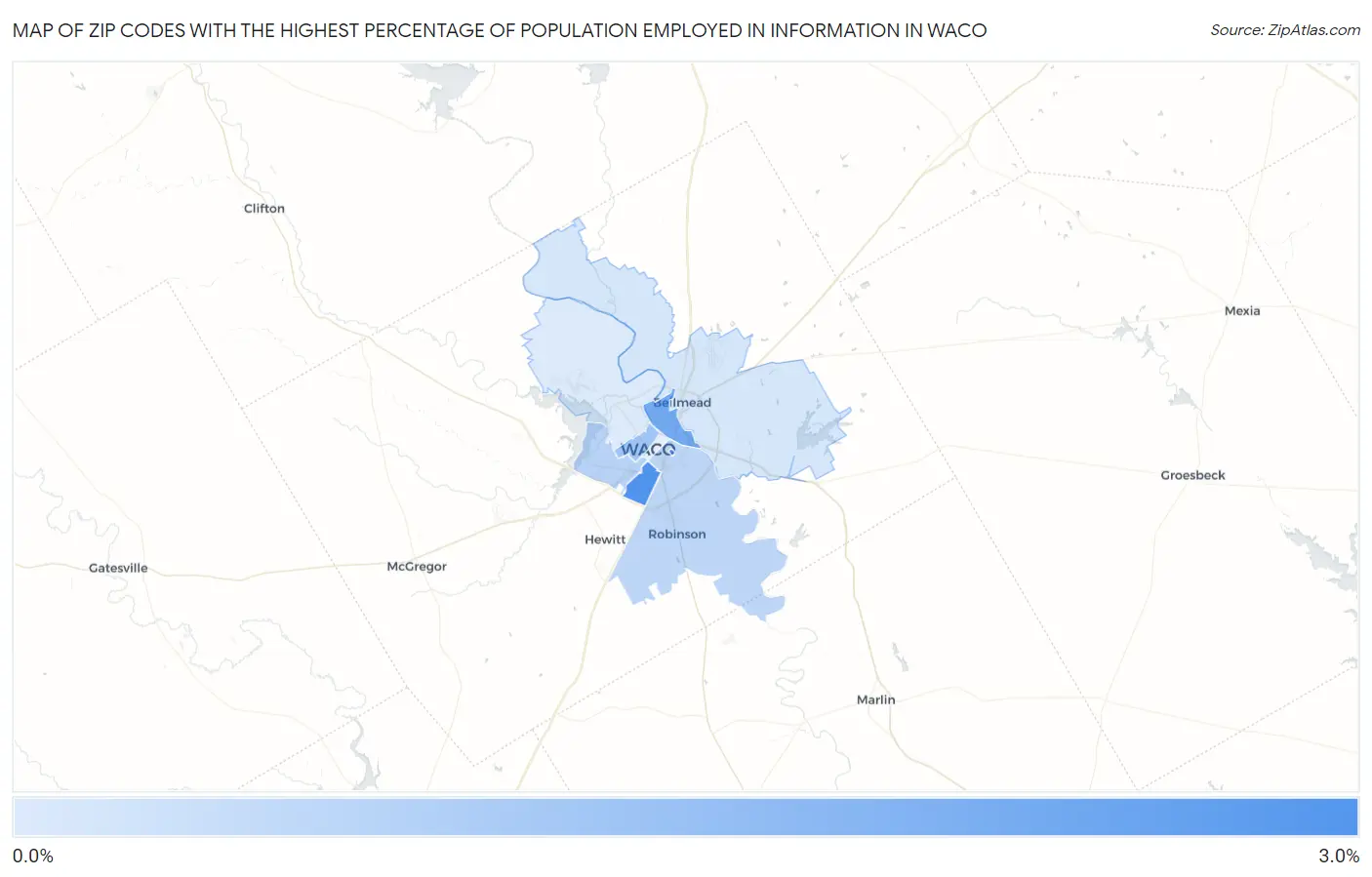 Zip Codes with the Highest Percentage of Population Employed in Information in Waco Map