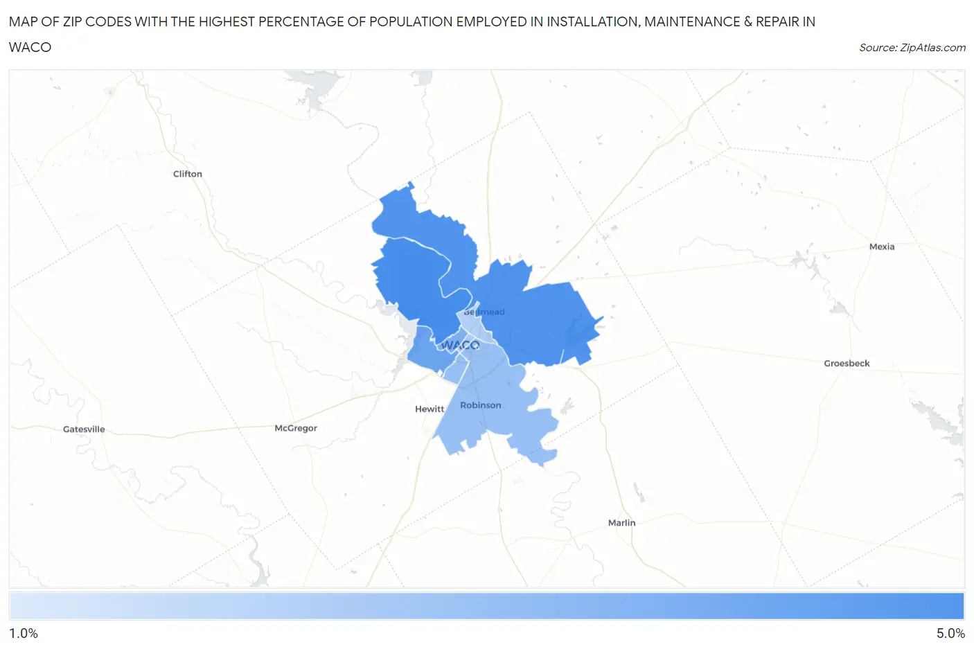 Zip Codes with the Highest Percentage of Population Employed in Installation, Maintenance & Repair in Waco Map