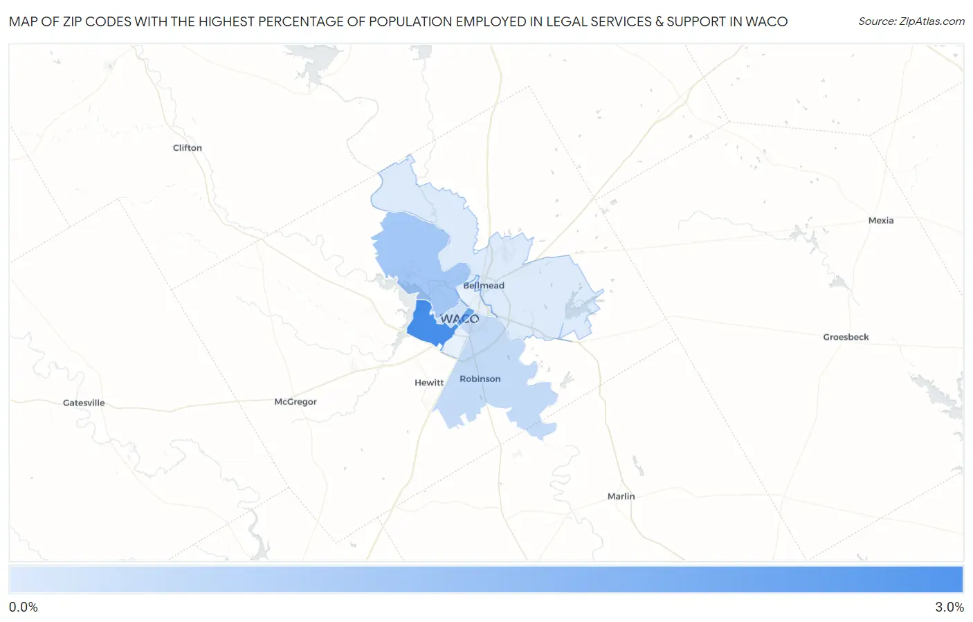 Zip Codes with the Highest Percentage of Population Employed in Legal Services & Support in Waco Map