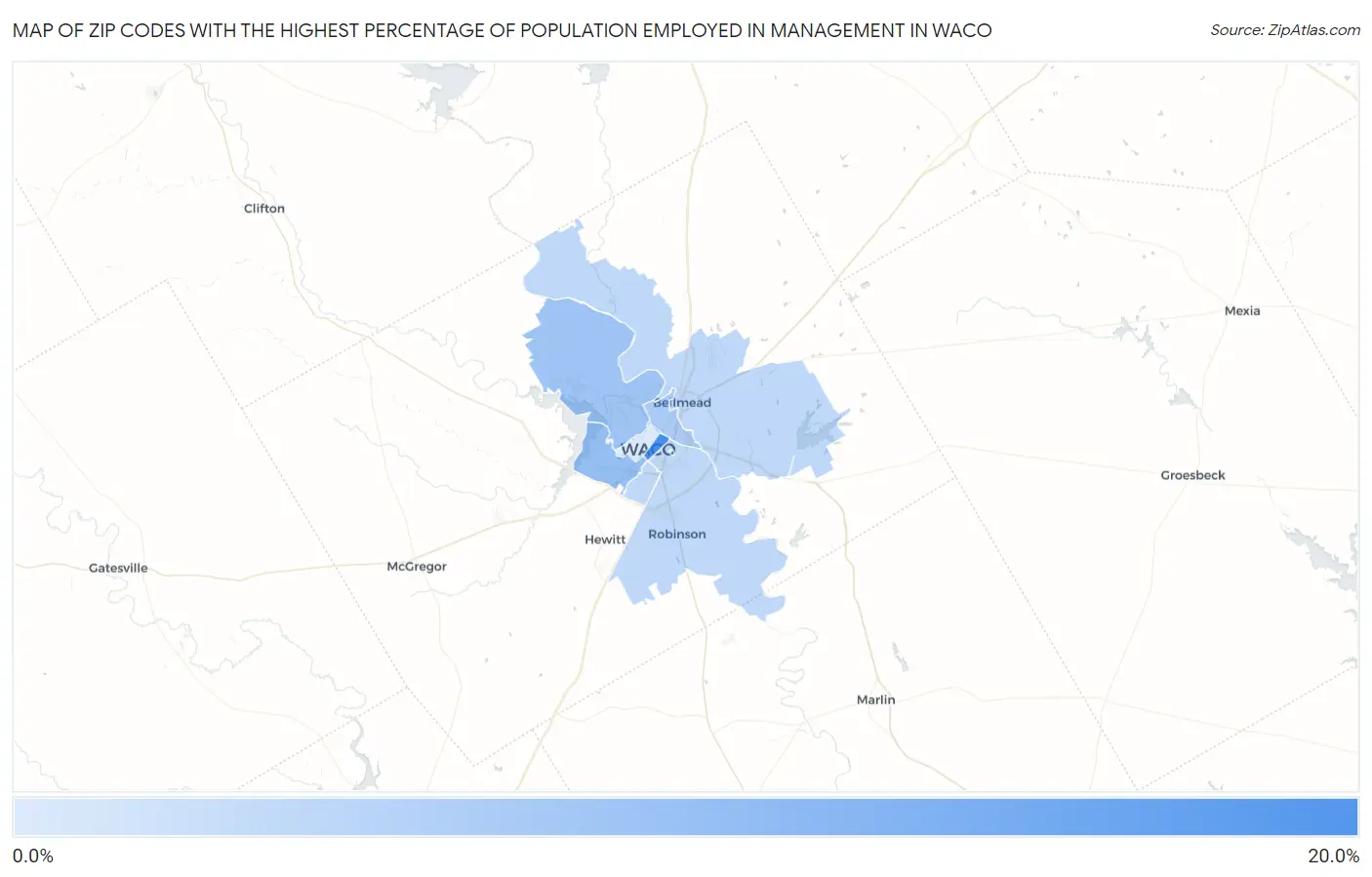Zip Codes with the Highest Percentage of Population Employed in Management in Waco Map
