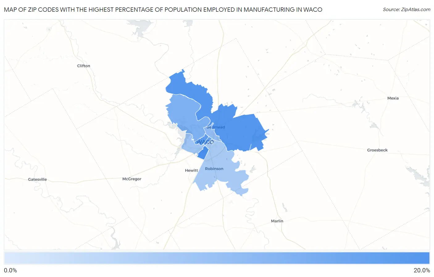 Zip Codes with the Highest Percentage of Population Employed in Manufacturing in Waco Map