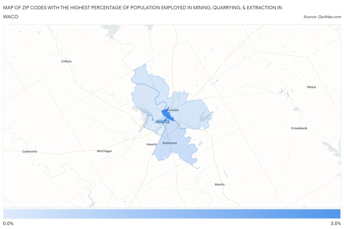 Zip Codes with the Highest Percentage of Population Employed in Mining, Quarrying, & Extraction in Waco Map